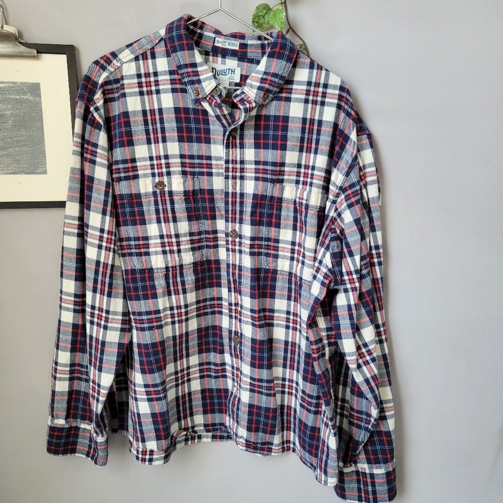 Duluth Trading Free Swingin' Flannel Plaid Untucked Relaxed Fit Shirt Red Blue X